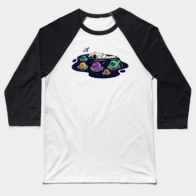 Swimming Space Illustration Baseball T-Shirt by Mako Design 